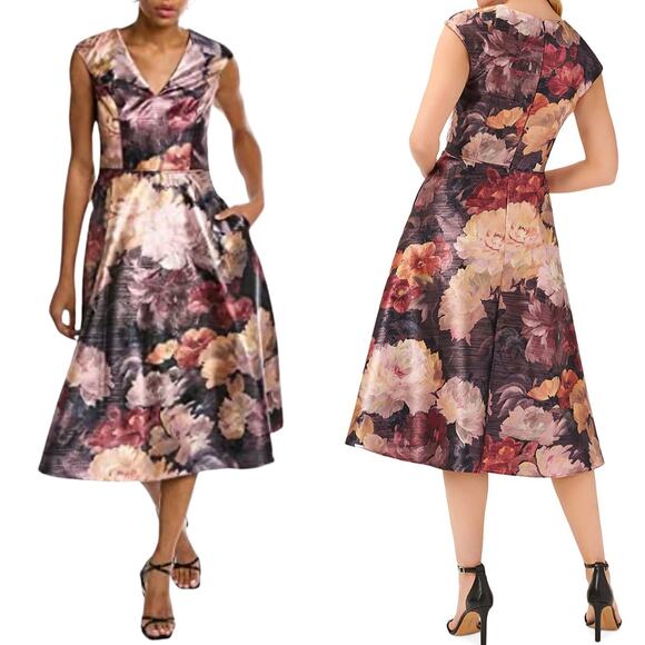 NWT AIDAN MATTOX DRESS FLORAL BLACK PINK FIT FLARE SHORT COCKTAIL METALLIC PINK - Picture 3 of 15